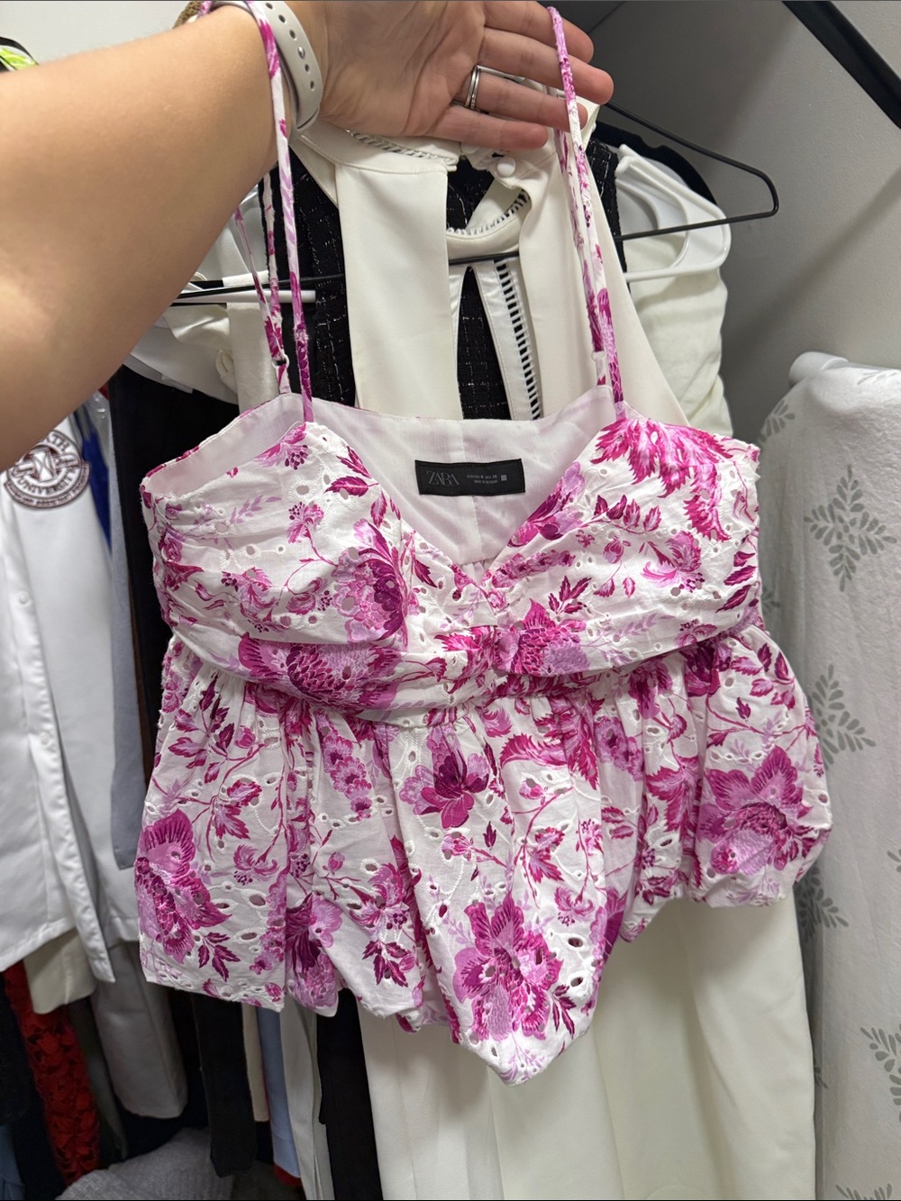 Zara White and Pink Floral Eyelet Spaghetti-Strap Top - Picture 3 of 10